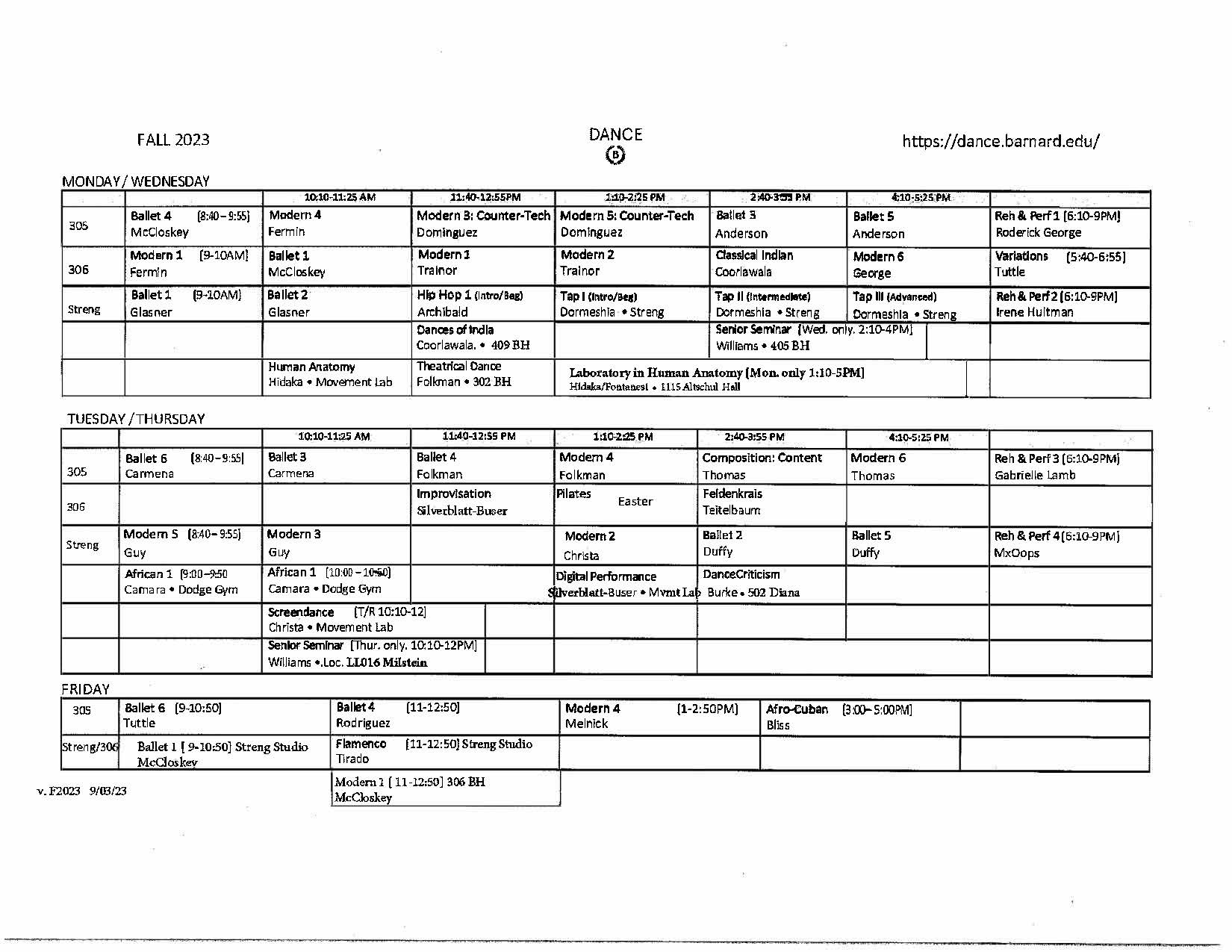 Dance Dept_Fall 23 Block Schedule