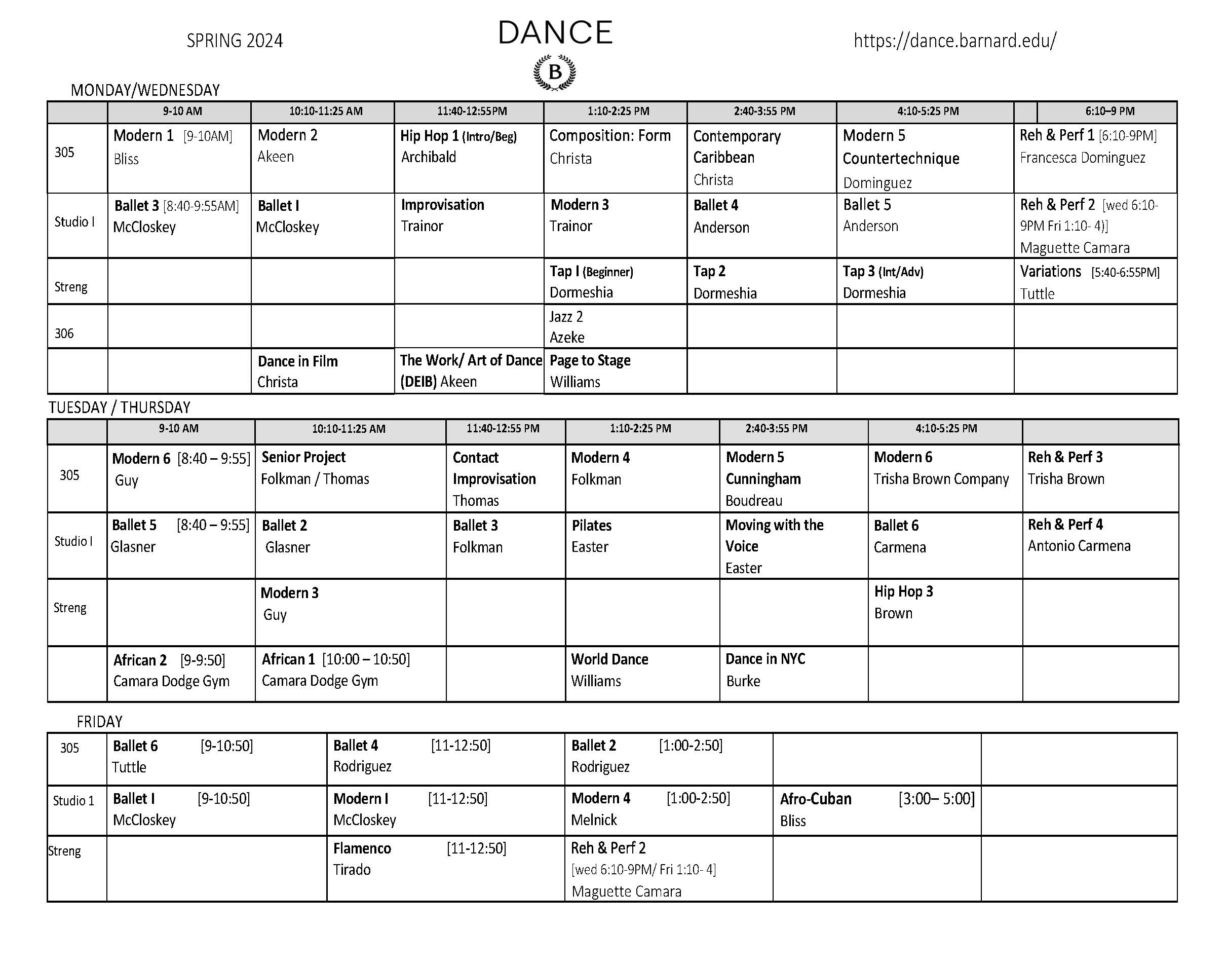 Dance spring 2024 block schedule
