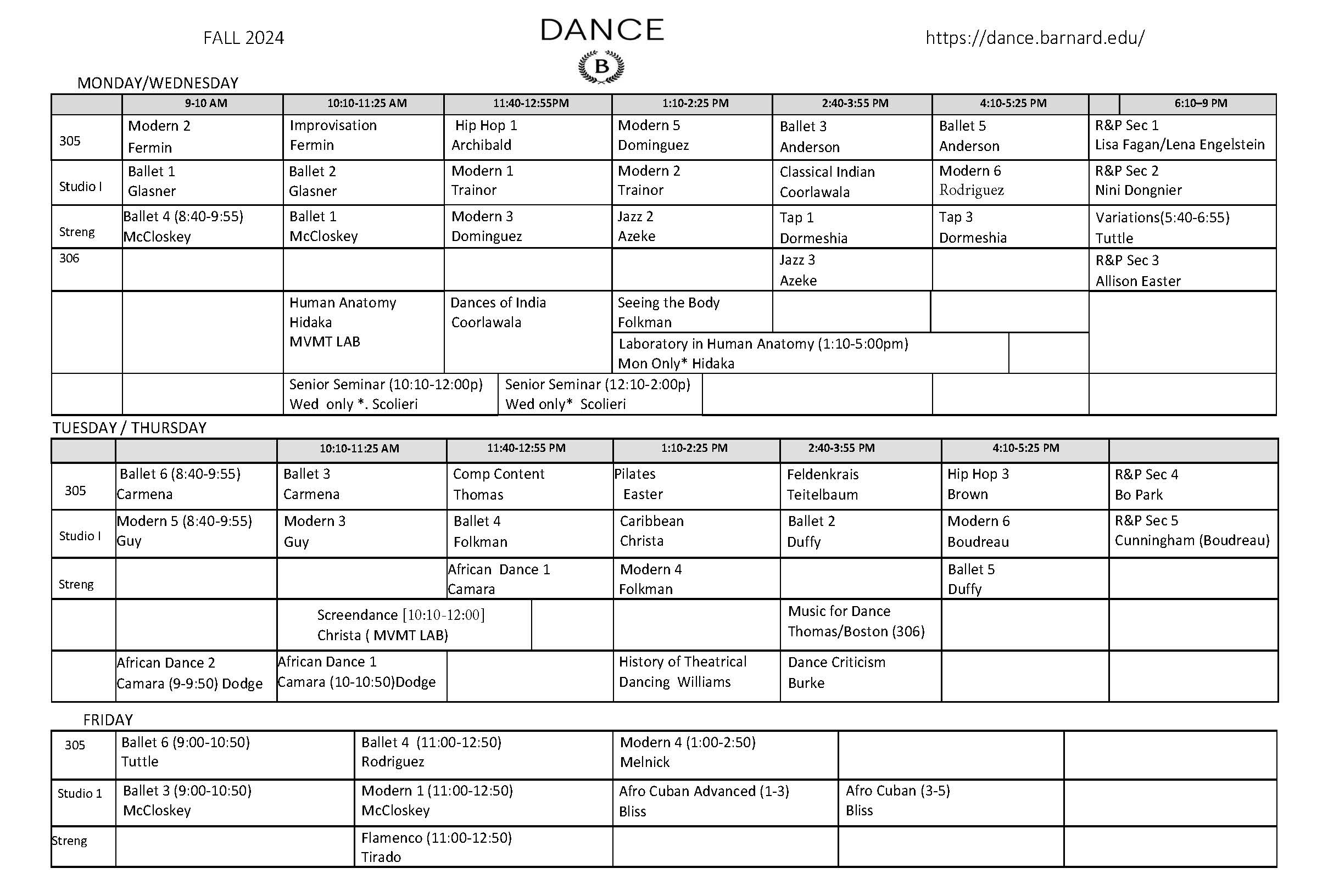 Dance Department Fall 2024 Block Schedule