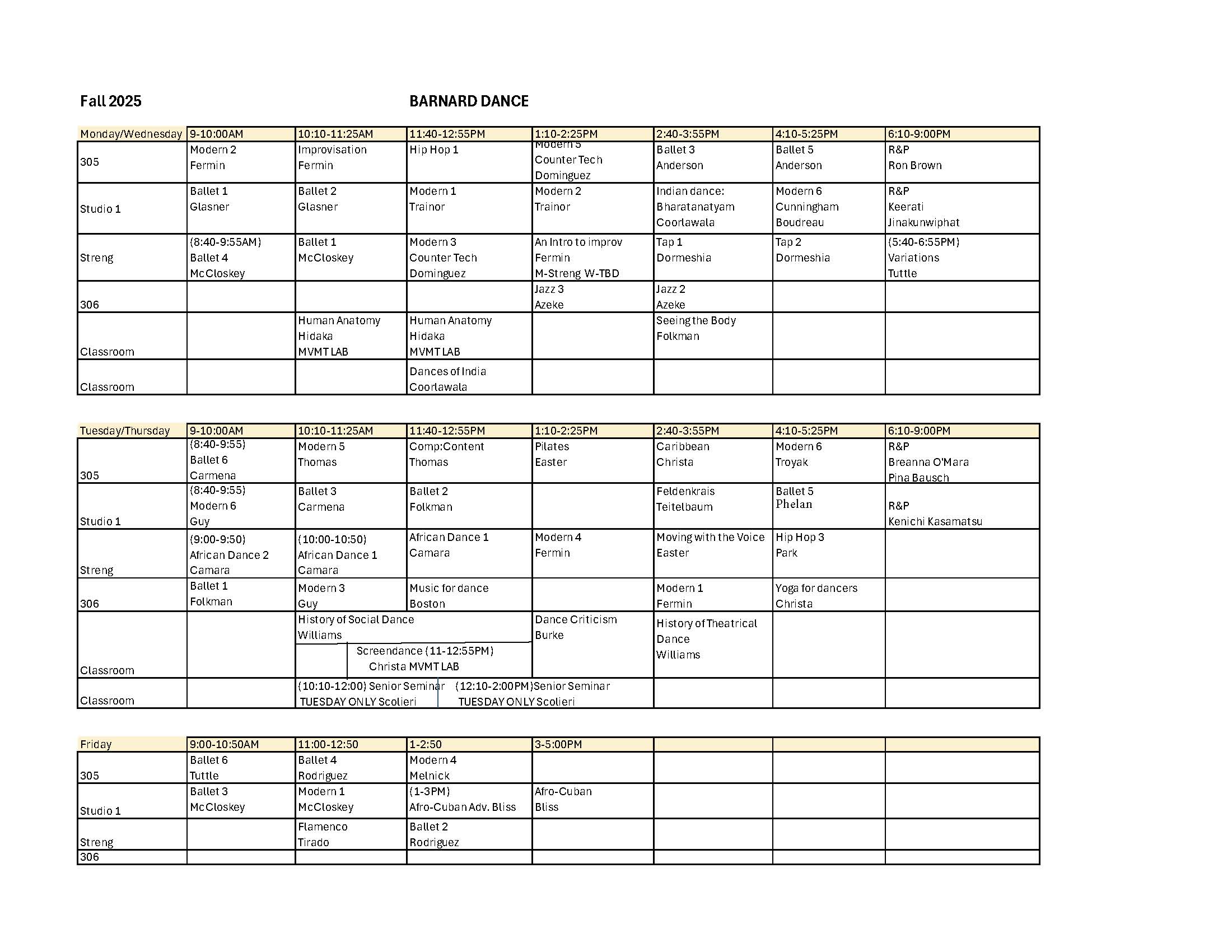 Fall 2025 Block Schedule