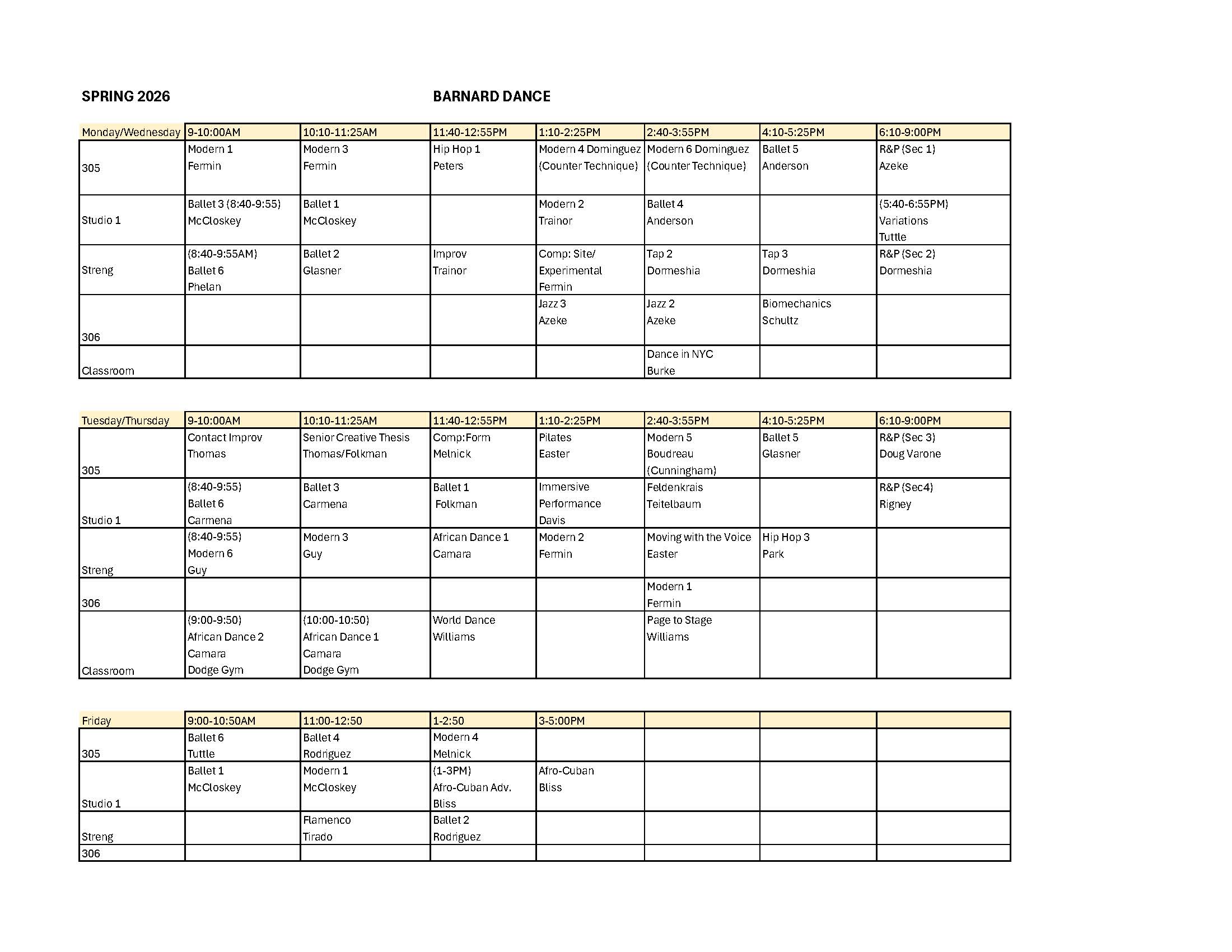 Dance Spring 2026 Block Schedule