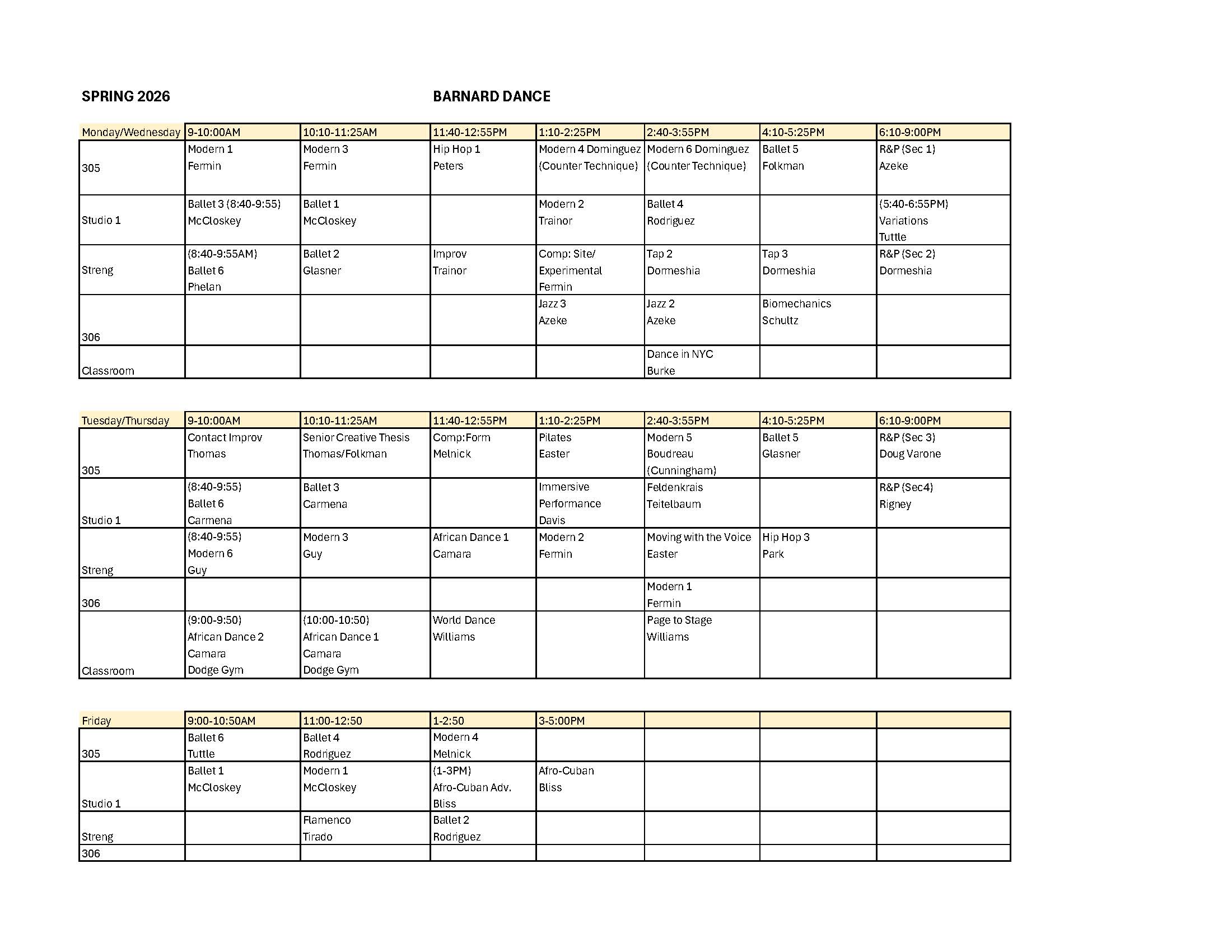 Spring 2026 Dance Block Schedule