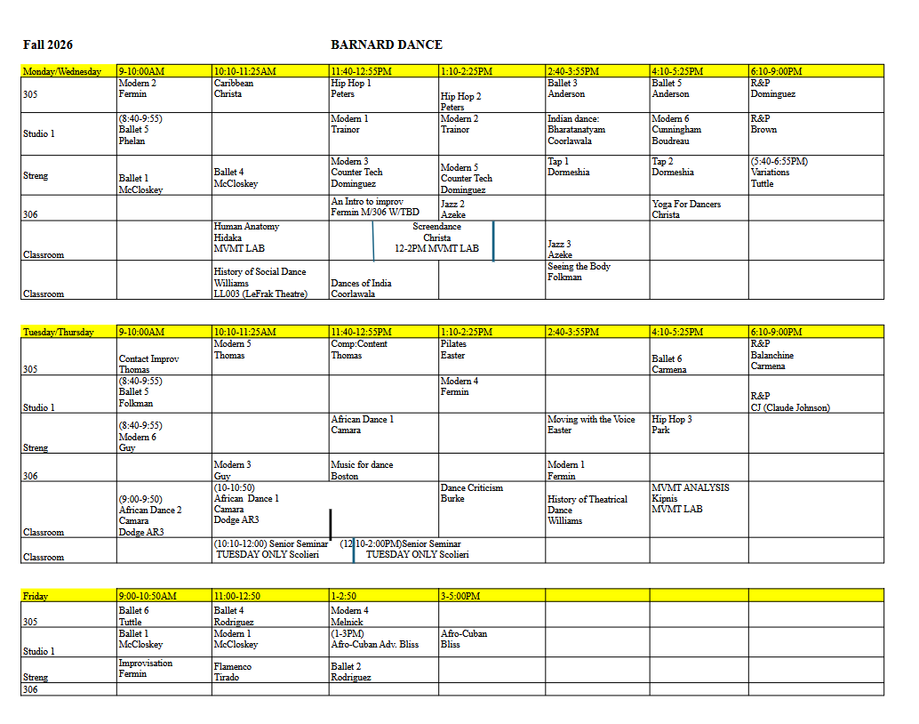 Fall 2026 Block Schedule